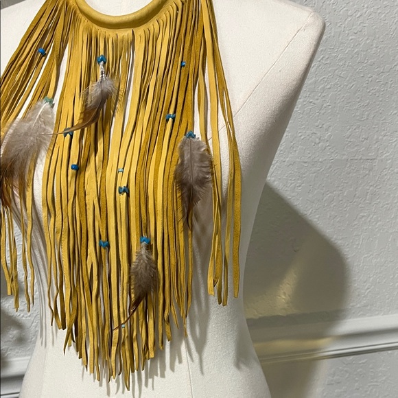 Natural Leather Fringe Necklace with Feathers and Turquoise Beads - Picture 6 of 7